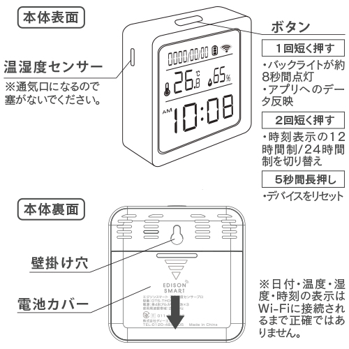エジソンスマート温度湿度センサーの各部の名称と機能